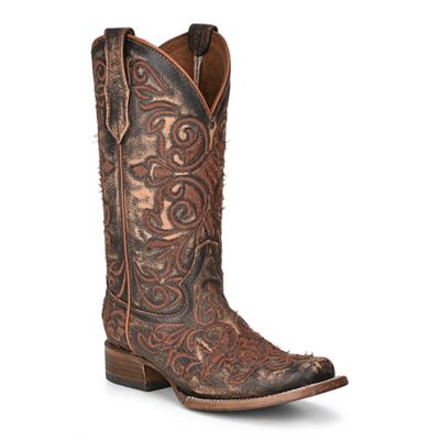 Circle G 12 in. Embroidery Cowhide Western Boot Square Toe, Distressed Brown Full Grain Leather, L