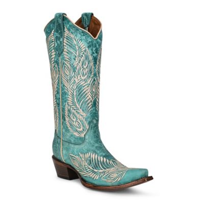 Circle G 12 in. Embroidery Cowhide Western Boot Snip Toe, Turquoise, L