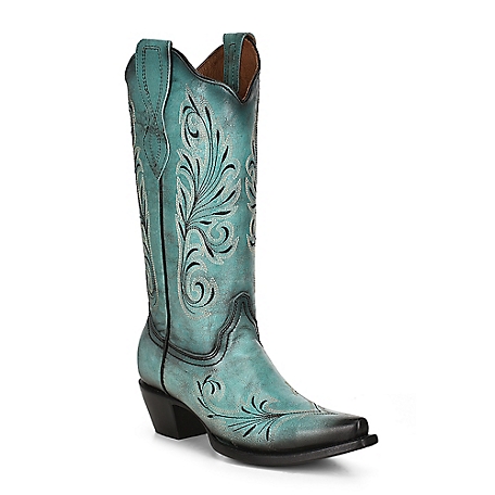 Circle G 13 in. Embroidery Cowhide Western Boot Snip Toe with Pull Tabs, Turquoise, L