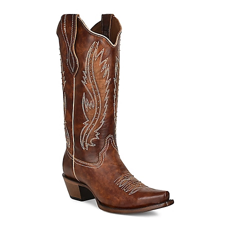 Circle G 13 in. Embroidery/Studs Cowhide Western Boot Snip Toe, Brown, L