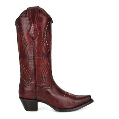 Image showing  13 in. Embroidery/Studs Cowhide Western Boot Snip Toe, Wine