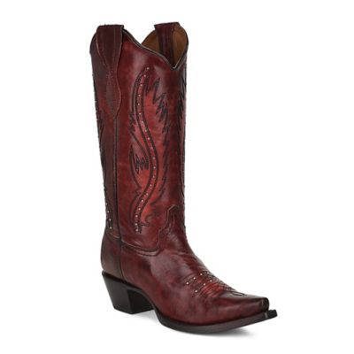 Image showing  13 in. Embroidery/Studs Cowhide Western Boot Snip Toe, Wine