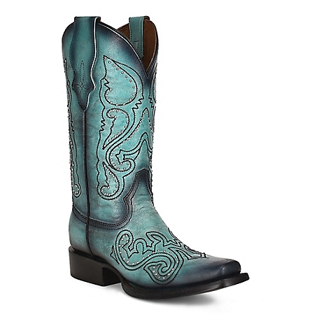 Circle G 11 in. Embroidery/Studs Cowhide Western Boot Square Toe, Faded Turquoise, L