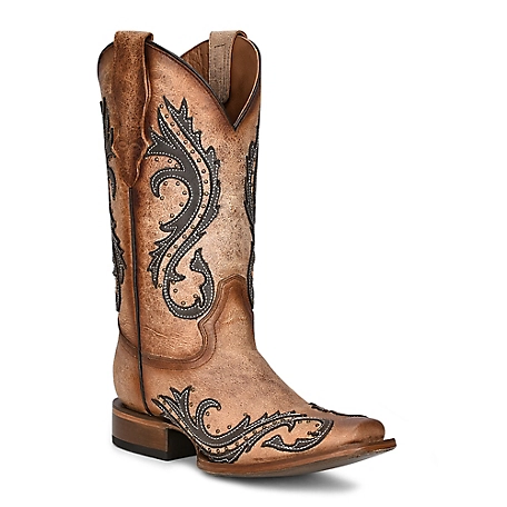 Circle G Women's Overlay/Embroidery/Studs Cowhide Western Boot Square Toe, L2052