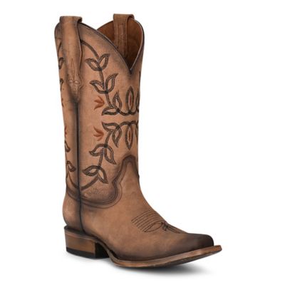 Circle G 11 in. Floral Embroidery Cowhide Western Boot Square Toe, Light Brwon, L