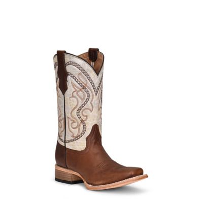 Circle G Teen Embroidery Cowhide Western Boot Square Toe, Bone/Brown, J7100-T