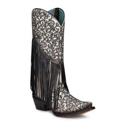 Corral Overlay/Embroidery/Fringe Cowhide/Lamb Western Boot Snip Toe