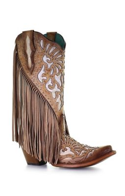 Corral Women's Snip Toe Laser/Embroidery/Studs/Fringe Cowhide/Lamb Western Boots