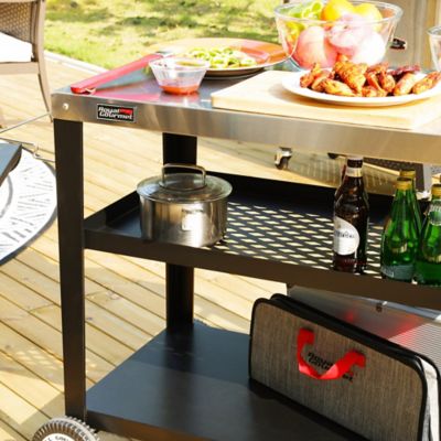 Image showing  Movable 3-Shelf Grill Table with Removable Trash Bag Holder, Stainless Steel Tabletop