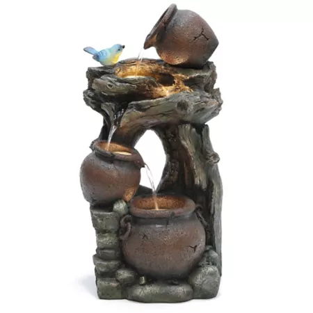 LuxenHome Rustic Tree Resin Outdoor Fountain Pots and Pitchers with LED Lights Fountains