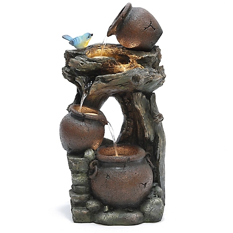 LuxenHome Rustic Pots and Pitchers on Tree Resin Outdoor Fountain with LED Lights