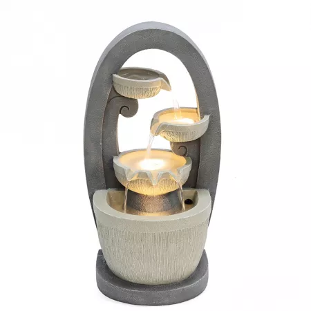 LuxenHome WHF1762 Resin Outdoor Fountain with Gray Cascading Oval Bowls with LED Lights Fountains