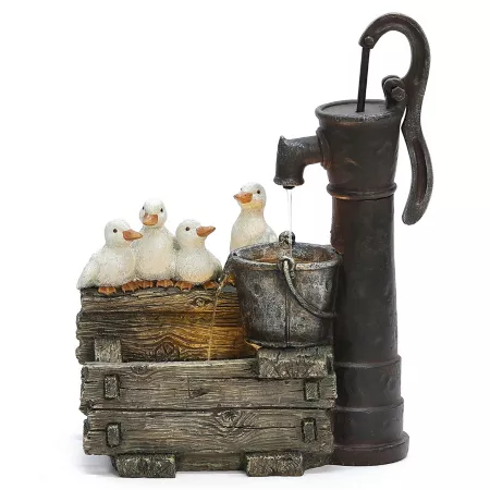 LuxenHome WHF1768 Resin Outdoor Fountain with Farmhouse Crate and Baby Ducks with LED Lights Fountains