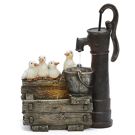 LuxenHome Farmhouse Crate and Baby Ducks Resin Outdoor Fountain with LED Lights, WHF1768