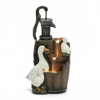 LuxenHome Farmhouse Pump and Duck Family Resin Outdoor Fountain with LED Lights, WHF1770