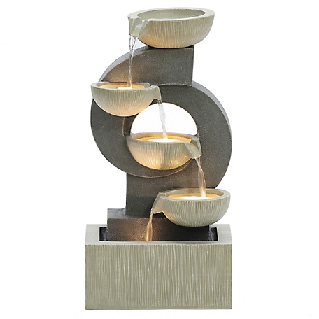 LuxenHome Gray Curves and Cascading Bowls Resin Outdoor Fountain with LED Lights, WHF1772