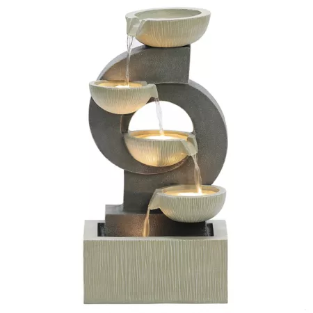 LuxenHome Gray Curves and Cascading Bowls Resin Outdoor Fountain with LED Lights WHF1772 Fountains