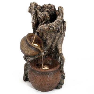 LuxenHome Brown Resin Tree Farmhouse Pots Outdoor Fountain with LED Lights, WHF1603
