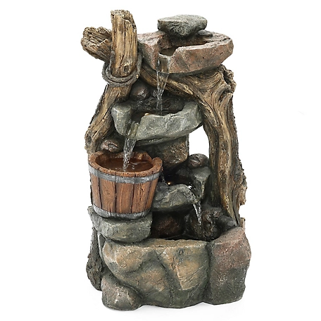 LuxenHome Resin Stacked Rock Wall and Barrel Outdoor Fountain with LED Lights