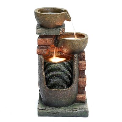 LuxenHome 23 in. H Bowls and Bricks Resin Outdoor Fountain with LED Lights, WHF1740