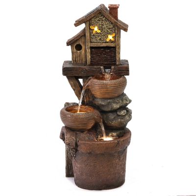 LuxenHome 29.1 in. H Bowls and Birdhouse Resin Outdoor Fountain with LED Lights, WHF1742