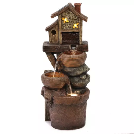 LuxenHome Outdoor Resin Fountain with Bowls and 29.1" Tall Birdhouse with LED Lights WHF1742 Fountains