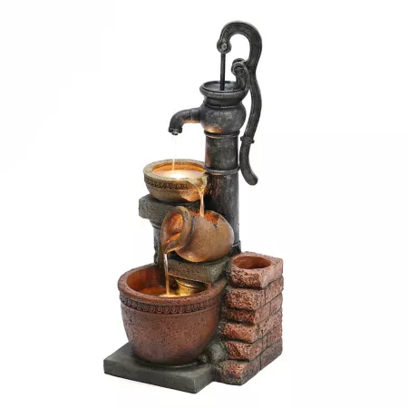 LuxenHome 32.3 in Outdoor Farmhouse Well Water Pump and Resin Fountain with Pots and LED Lights Fountains