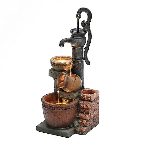 LuxenHome 32.3 in. H Farmhouse Well Water Pump and Pots Resin Fountain with LED Lights, WHF1743