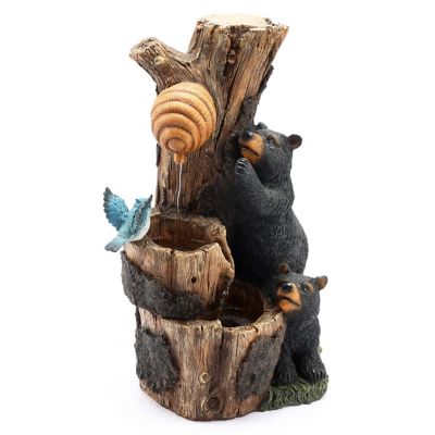 LuxenHome 21.9 in. H Bear and Honey Beehive Tree Resin Outdoor Fountain with LED Lights, WHF1744