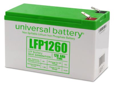 Universal Battery 12.8V 6Ah LFP Battery in a 9Ah Case with F2 Terminals (F2 to F1 Terminal Adapters Included)