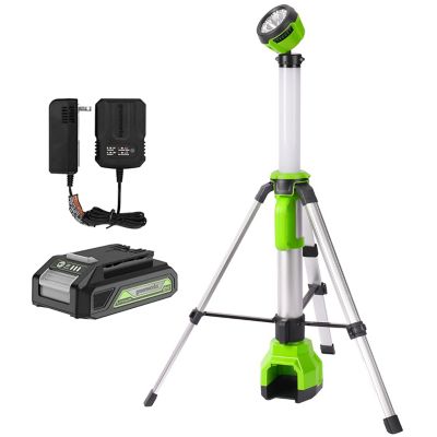 Greenworks 2,200-Lumen 24V 2-in-1 Standing LED Work Light with Collapsible Tripod Stand, 2.0Ah Battery and Charger