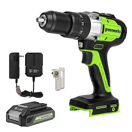 Greenworks 24V Brushless Cordless Battery 1/2-in. Hammer Drill Drill Driver, 2.0Ah USB Battery & Charger
