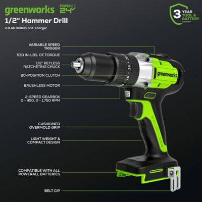 Image showing 8 th Greenworks 24V Brushless Cordless Battery 1/2-in. Hammer Drill Drill Driver, 2.0Ah USB Battery & Charger