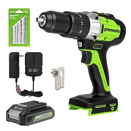 Greenworks 24V Brushless Cordless Battery 1/2-in. Hammer Drill Drill Driver with 5-Piece Bit Set, 2.0Ah USB Battery & Charger