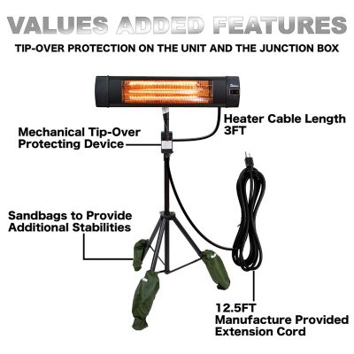 Image showing  1,500W Carbon Infrared Electric Patio Heater, Portable Tripod, Mount Ready, 150 sq. ft., 5,200 BTU