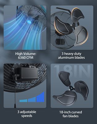 Image showing  18 in. 3-Speed Indoor/Outdoor Wall-Mounted Fan, Black