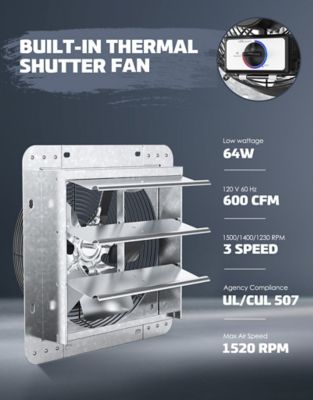 Image showing  10 in. 3-Speed Shutter Exhaust Attic Garage Grow Fan, 600 CFM, Ventilation Fan with Thermostat, 6 ft. Long, 3 Plugs Cord