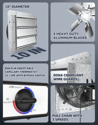 Image showing  10 in. 3-Speed Shutter Exhaust Attic Garage Grow Fan, 600 CFM, Ventilation Fan with Thermostat, 6 ft. Long, 3 Plugs Cord