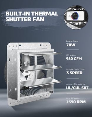 Image showing  12 in. 3-Speed Shutter Exhaust Attic Garage Grow Fan, 800 CFM, Ventilation Fan with Thermostat, 6 ft. Long, 3 Plugs Cord