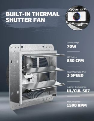 Image showing  14 in. 3-Speed Shutter Exhaust Attic Garage Grow Fan, 850 CFM, Ventilation Fan with Thermostat, 6 ft. Long, 3 Plugs Cord
