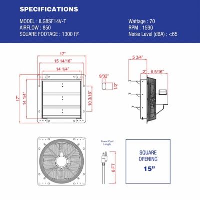 Image showing 7 th iLIVING 14 in. 3-Speed Shutter Exhaust Attic Garage Grow Fan, 850 CFM, Ventilation Fan with Thermostat, 6 ft. Long, 3 Plugs Cord