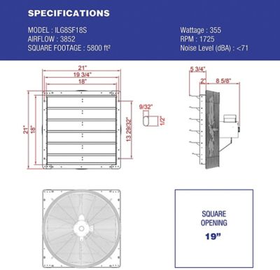 Image showing 5 th iLIVING 18 in. 1-Speed Shutter Exhaust Fan, 3,852 CFM, Wall Mounted