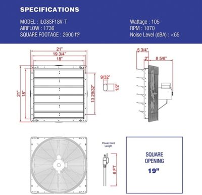 Image showing  18 in. 3-Speed Shutter Exhaust Attic Garage Grow Fan, 1,750 CFM, Ventilation Fan with Thermostat, 6 ft. Long