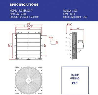 Image showing 5 th iLIVING 20 in. 2-Speed Shutter Exhaust Attic Garage Grow Fan, 3,300 CFM, Ventilation Fan with Thermostat, 6 ft. Long