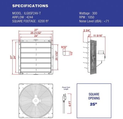 Image showing  24 in. 2-Speed Shutter Exhaust Attic Garage Grow Fan, 4,200 CFM, Ventilation Fan with Thermostat, 6 ft. Long