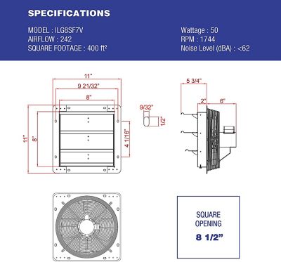 Image showing 5 th iLIVING 7 in. Variable-Speed Shutter Exhaust Fan Crawl Space Ventilator, 1,550 CFM, Wall Mounted