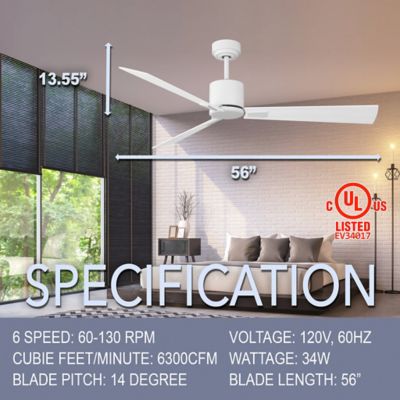 Image showing  56 in. Quiet BLDC Indoor Ceiling Fan with Remote Control, 3 Blades 6 Speeds, 6300 Cfm, White/Wood Finish