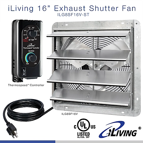 iLIVING 16 in. Wall Mounted Shutter Exhaust Fan, Automatic Shutter, with Thermostat and Variable Speed Controller, ILG8SF16V-ST