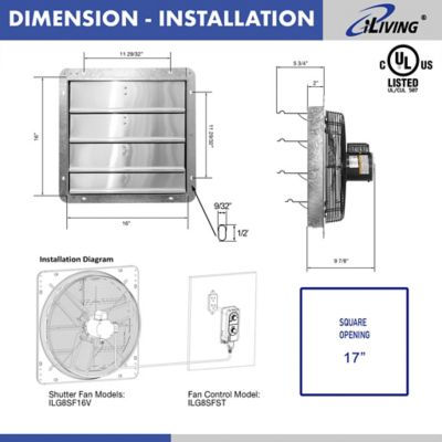 Image showing  16 in. Variable-Speed Wall Mounted Shutter Exhaust Fan, 1,200 CFM, Automatic Shutter, with Thermostat and Controller