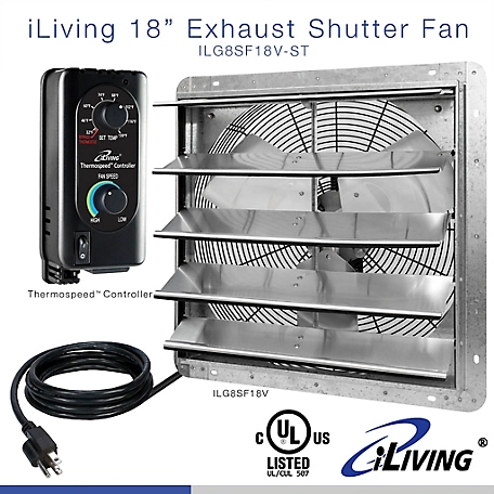 iLIVING 18 in. Wall Mounted Shutter Exhaust Fan, Automatic Shutter, with Thermostat and Variable Speed Controller, ILG8SF18V-ST
